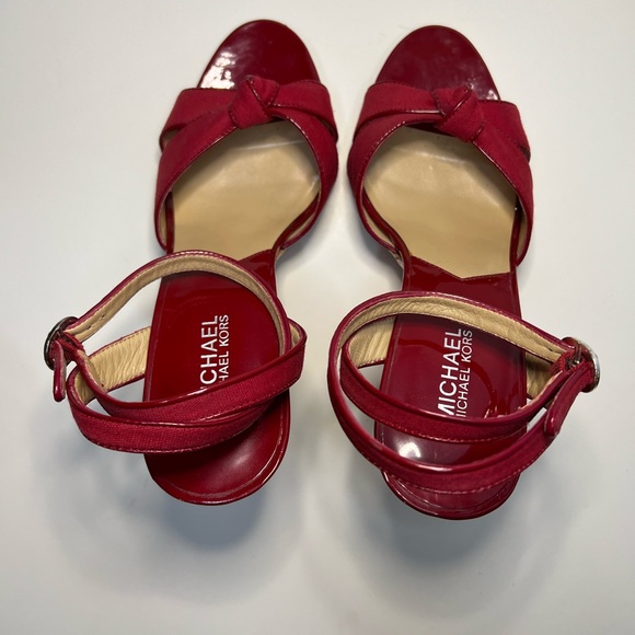 Michael Kors Tied Up Ankle Open Toe Red Fabric & Cork Summer Heels - Picture 4 of 9